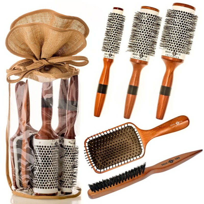 HEAD JOG Wood Ceramic Brush Set Pro Salon Products